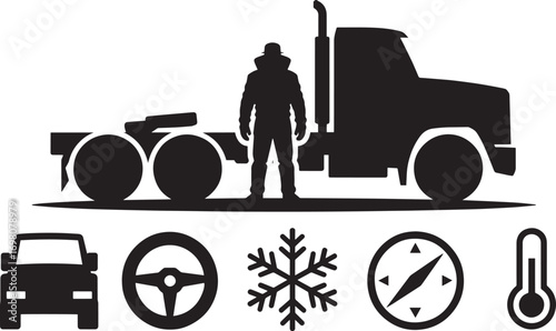 Trucker Silhouette with Truck, Car, Steering Wheel, Snowflake, Compass, and Thermometer