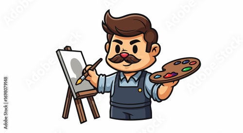 Cartoon Artist Painting on Easel with Palette and Brush.
