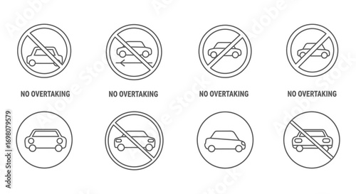 no overtaking signs displayed in various circular road sign formats