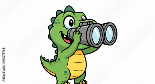 Cartoon dinosaur with binoculars exploring the world with joy.