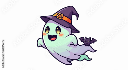 Happy Cartoon Ghost in Witch Hat Flying.