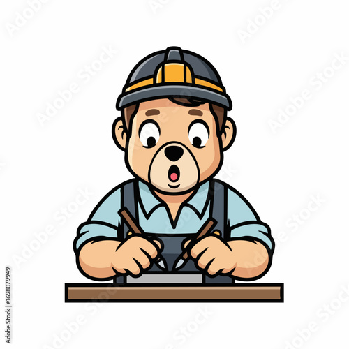 Cartoon Bear Construction Worker Writing with Pencils.