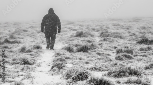 Solitary Figure Walking Through Snowy Field in Monochrome, Winter Landscape