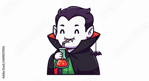 Cute Cartoon Vampire Drinking Red Liquid from Flask Illustration.