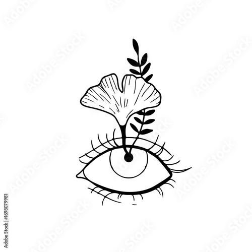 Mystical third eye blooming with delicate ginkgo leaf and foliage, symbol of intuition and growth