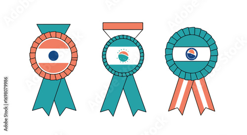A set of three illustrated award ribbons with teal and orange colors and abstract center designs.