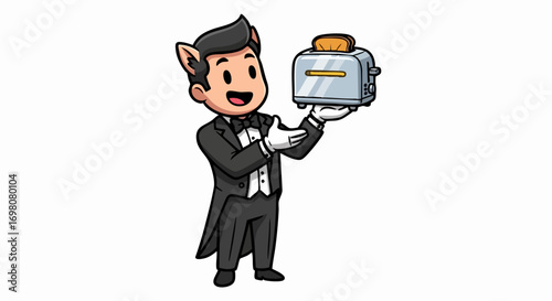 Cartoon butler proudly presenting a toasted bread in a toaster.