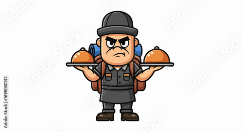 Tough commando waiter cartoon character holding serving trays.