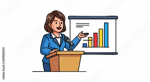 Businesswoman giving a presentation with a bar chart on a screen.