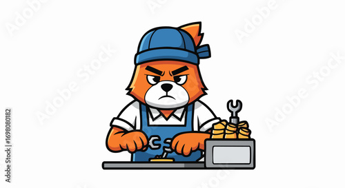 Angry cartoon fox mechanic wearing overalls and cap working at a workbench.