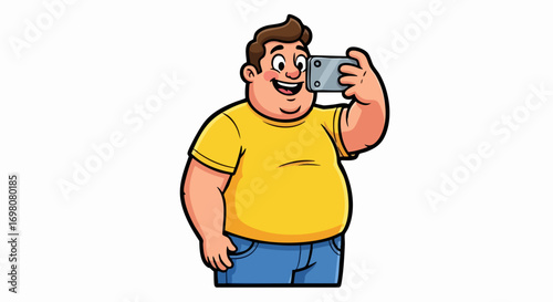 Happy overweight man taking a selfie with a smartphone cartoon.