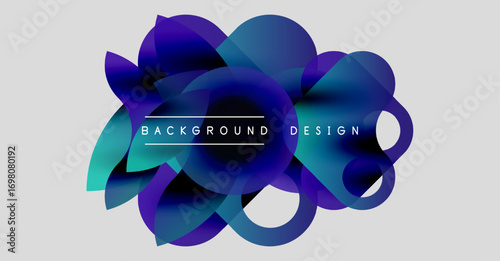 Abstract fluid shapes, vibrant blues, purples. Modern design element over light gray backdrop. Text reads background design.