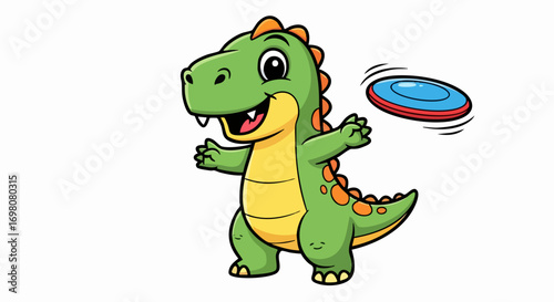 Cute cartoon dinosaur playing frisbee on a white background.