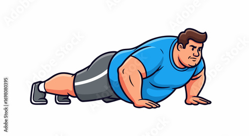 Overweight man performing a push-up exercise with determination, focusing on fitness and health.