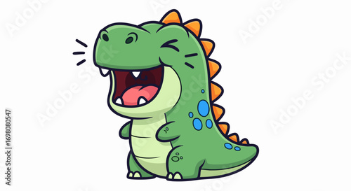 Adorable cartoon green dinosaur laughing with open mouth and happy expression.