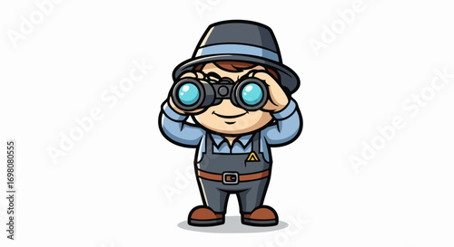 Cute cartoon man in a fedora hat looking through binoculars.