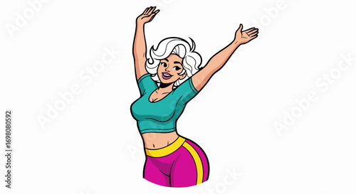 Cheerful plus size woman cartoon raising arms in celebration.