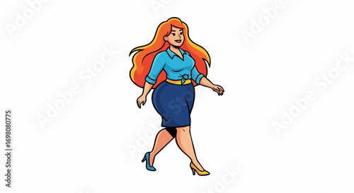 A confident woman with long red hair walks with purpose.