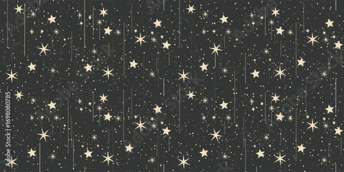 Star rain, Seamless pattern with stars and glowing dots on dark background. Repeating texture of night sky. Space and astronomy concept. Vector illustration.