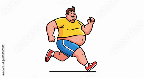 Cheerful overweight man running for fitness cartoon illustration.