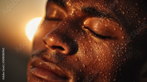 Close-up of a sweaty athlete's face, eyes closed, sun reflecting off the droplets