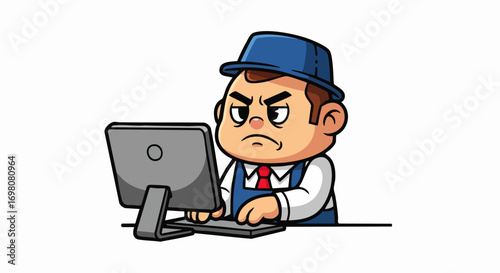Angry businessman working on a laptop computer with a stern expression.