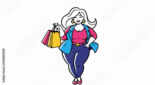Happy Plus Size Woman Enjoying Shopping With Colorful Bags.