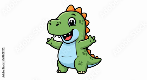 Cute green baby dinosaur cartoon character smiling happily.
