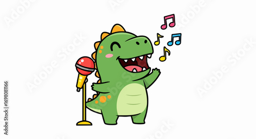 Cute cartoon dinosaur singing happily with musical notes.