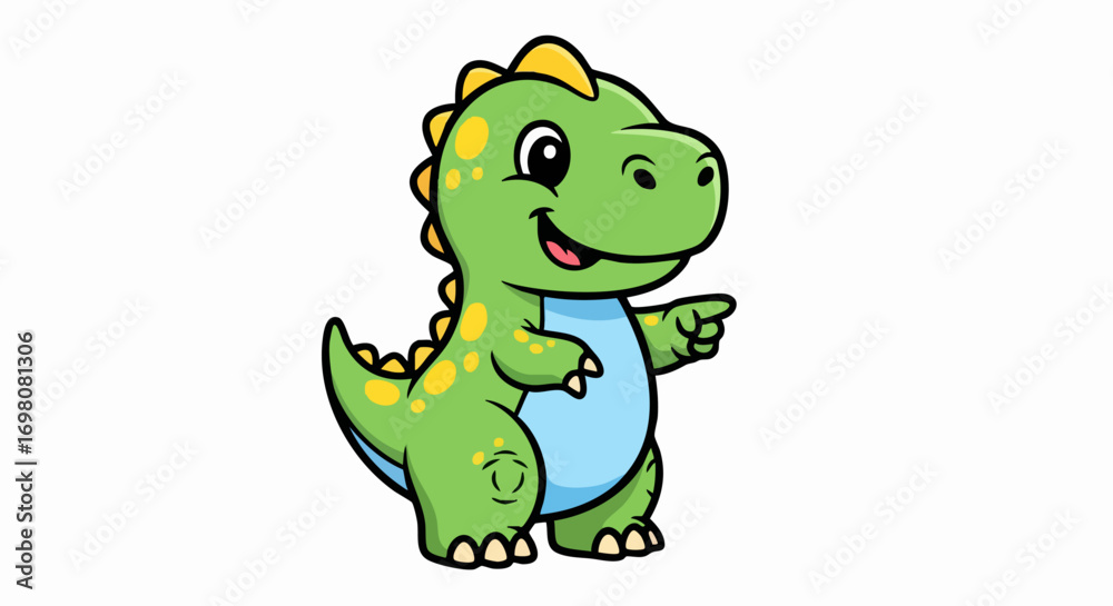 Fototapeta premium Cute cartoon baby dinosaur pointing with a friendly expression.