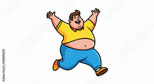 Joyful Overweight Man Jumping with Arms Raised.