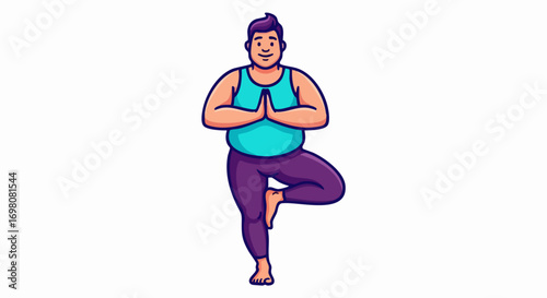 Man practicing yoga tree pose on white background.