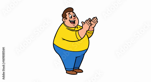 Happy overweight cartoon man clapping his hands with joy.