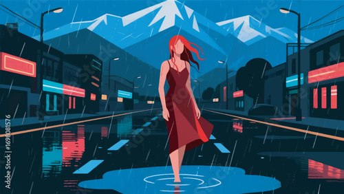 illustration of a woman caught in the rain in the middle of the city vector design template