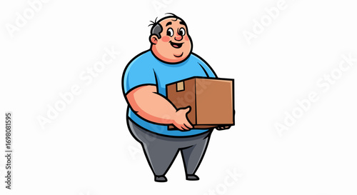 A cheerful overweight man in a blue t-shirt holding a cardboard box.