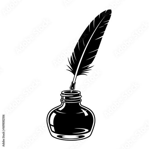 Classic black feather quill pen dipped in inkwell