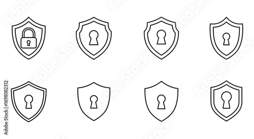 a series of shields with locks and keys depicted