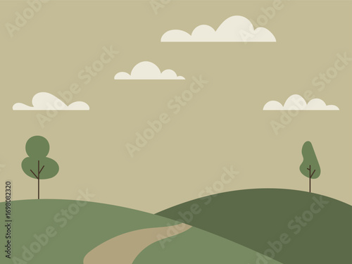 A simple, minimalist vector background of a peaceful landscape with rolling hills, a winding path, and stylized trees