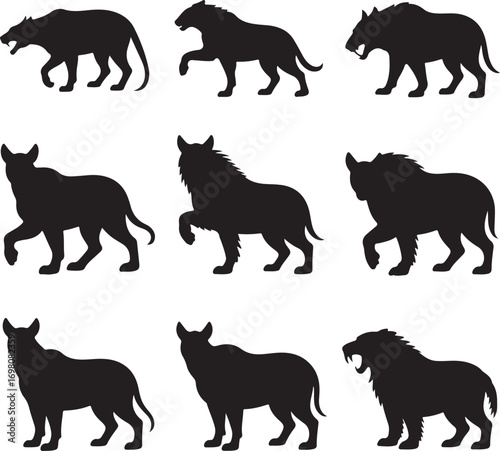 Nine black silhouettes of saber-toothed cats on a white background big cat prehistoric