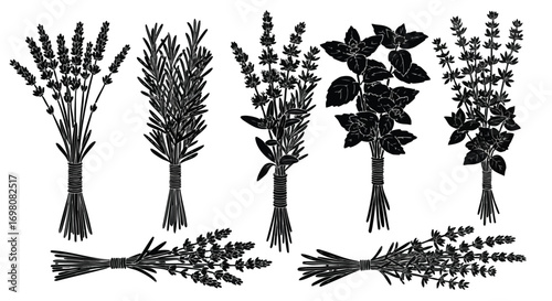 Silhouettes of various herb bunches.