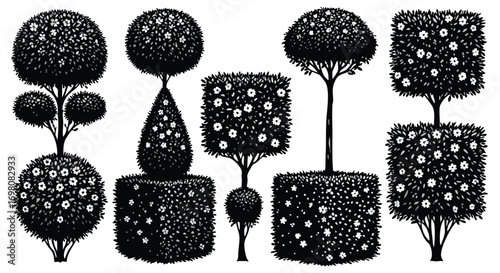 Set of ornamental topiary trees in various geometric shapes.