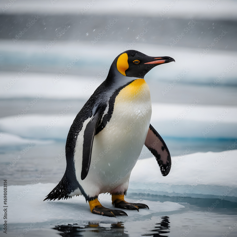 Fototapeta premium A majestic emperor penguin, stands proudly on the icy expanse, embodying the resilience and beauty of the Arctic wilderness.