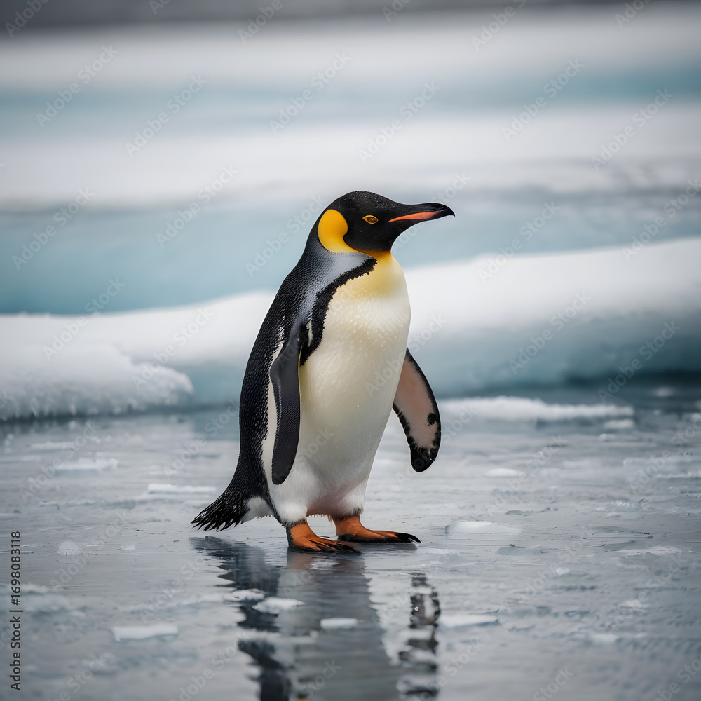 Fototapeta premium A majestic emperor penguin stands proudly on a shimmering ice floe, its striking black and white plumage contrasting against the icy backdrop. Witnessing the resilient spirit of Antarctic wildlife.