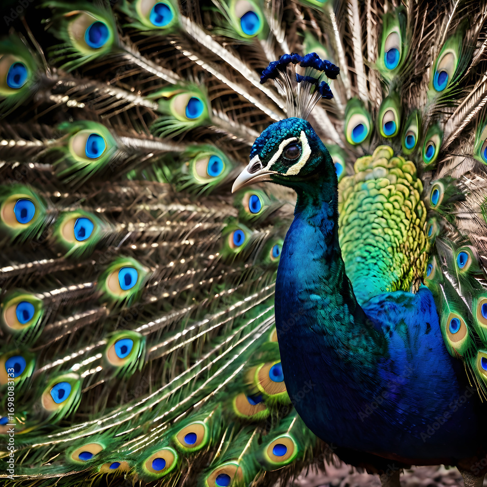 Obraz premium A majestic peacock flaunts its vibrant plumage, each feather a masterpiece of nature's artistry, revealing the bird's splendor and elegance.
