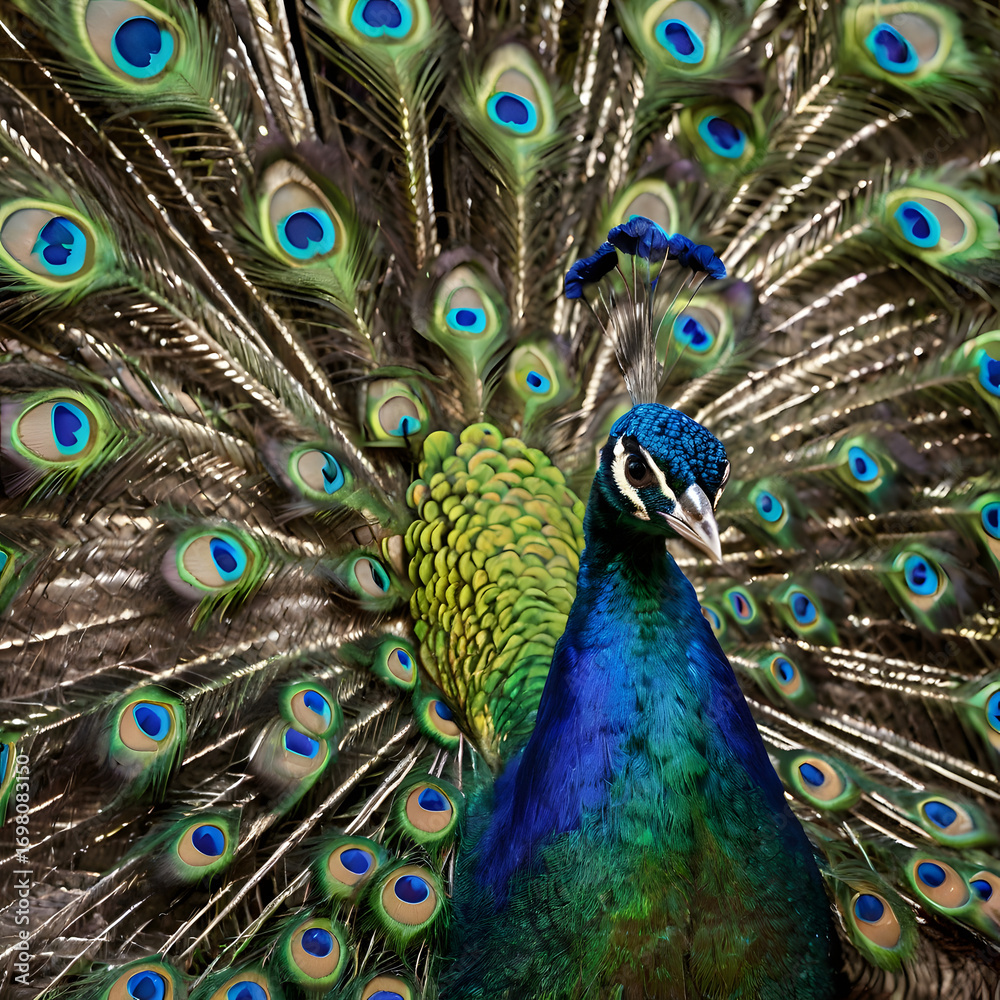 Obraz premium A vibrant peacock displays its extravagant plumage in a stunning display of nature's artistry. The iridescent feathers and intricate patterns highlight its beauty.