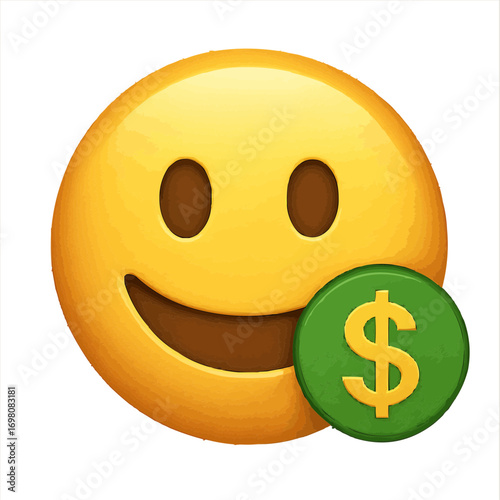 Happy smiling emoji with a green dollar coin representing financial success and wealth