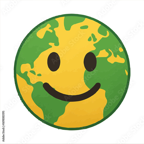 Joyful planet emoji with continents smiling, representing global happiness and environmental well-being