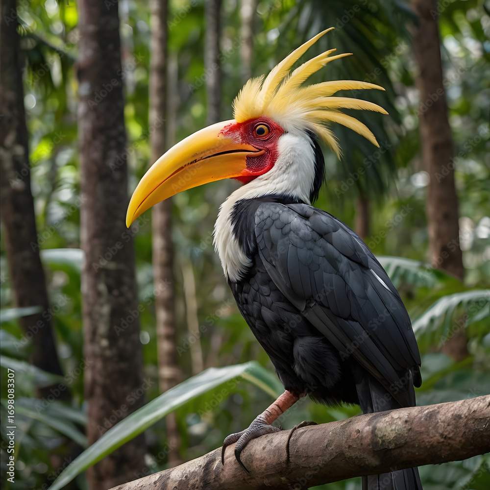 Fototapeta premium A vibrant portrait of a unique bird perched on a branch, a detailed close-up showcases its bold colors and intricate features, set against a natural forest backdrop.