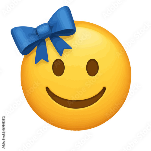 Charming yellow smiley face with a vibrant blue bow, radiating happiness and delight.