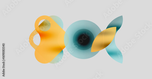 Abstract shapes overlap, creating dynamic visual effect. Orange, blue hues blend softly on light gray background. Modern design.